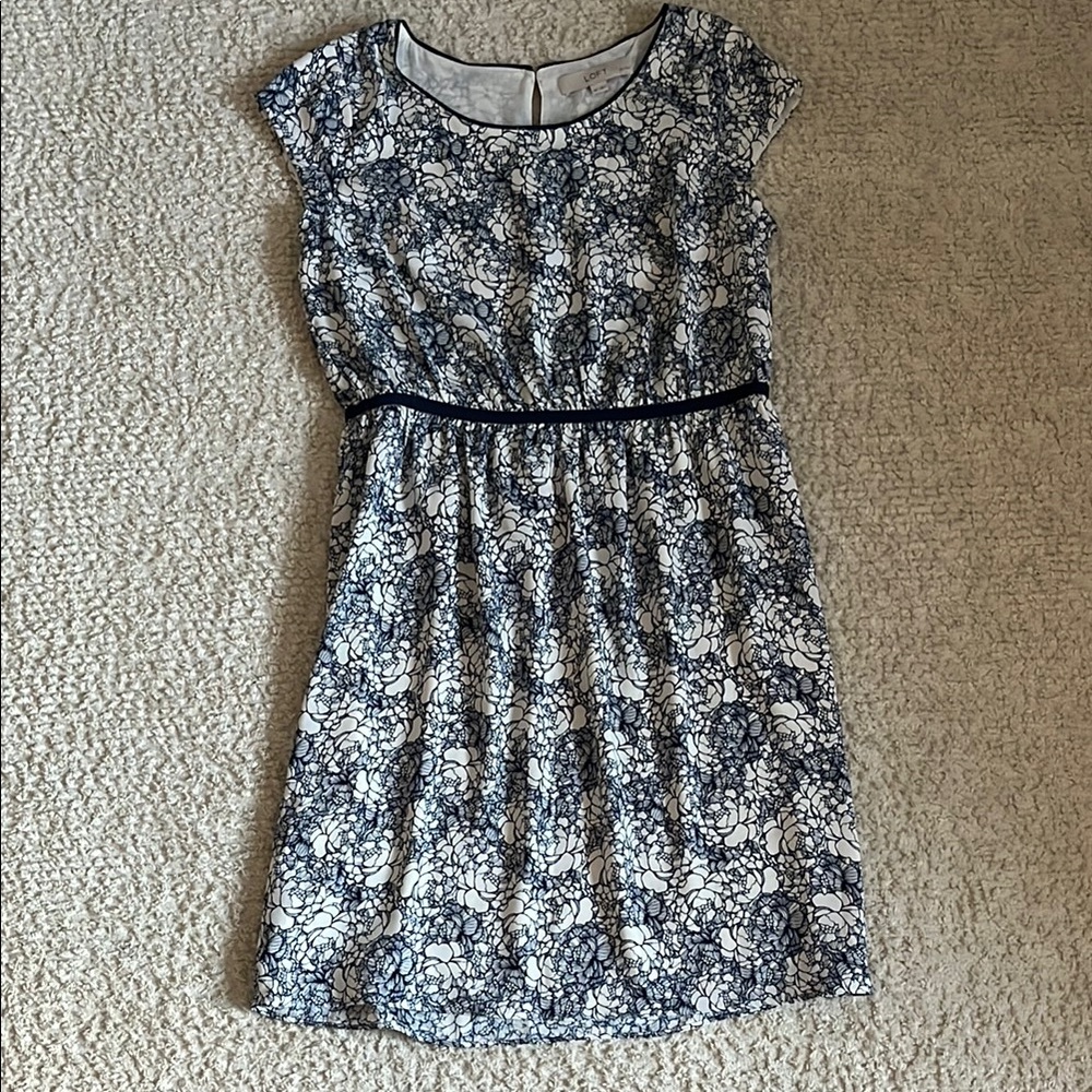 LOFT Black and White A-Line Flutter Sleeve Dress